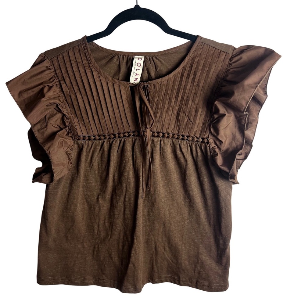 Anthropologie Dolan Brown Pintuck Detail Ruffle‎ Sleeve Blouse Size Small NEW